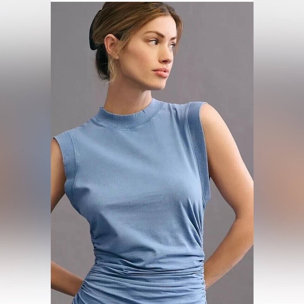 Daily Practice By Anthropologie Light Blue Sleeveless Ruched Dress - Picture 3 of 12